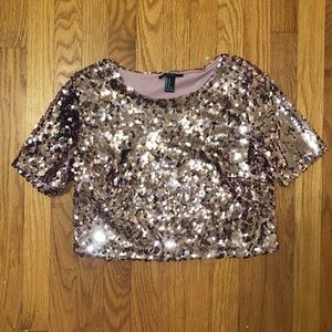 Sparkly pink rose gold sequin t shirt crop top xxi